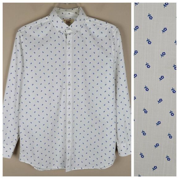 Original Penguin Slim Fit Floral Dress Shirt Long Sleeve White Blue Size 15.5 - Picture 1 of 13